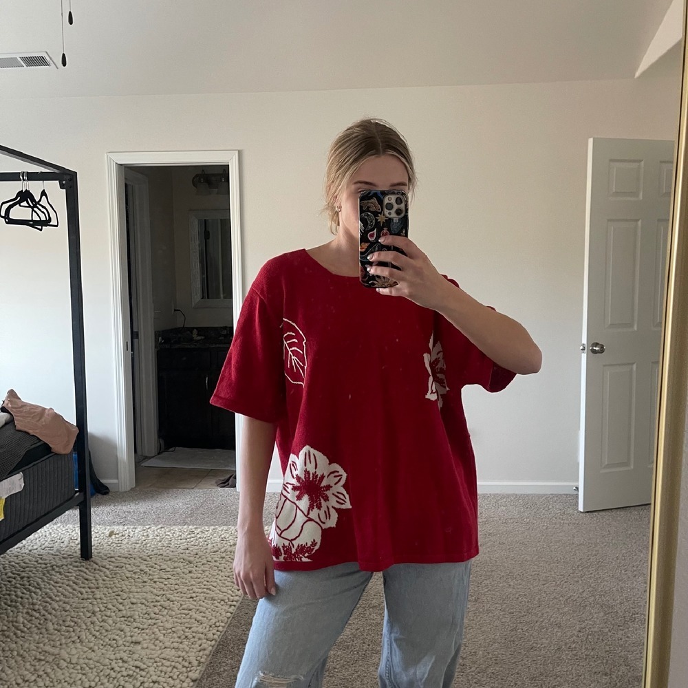 Vintage Boho Ramie Cotton Blend Lemon‎ Grass Floral Knit Oversized Tee